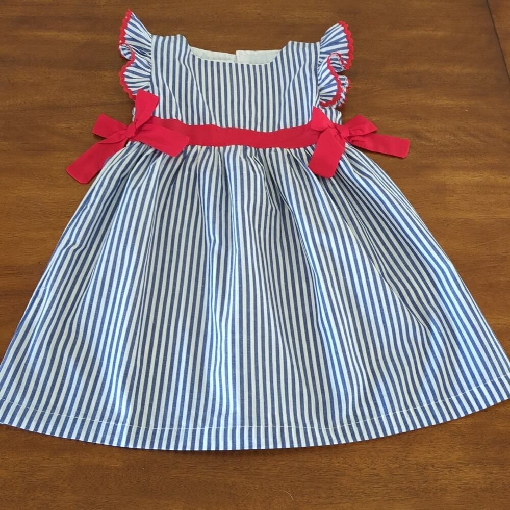 Little Cactus Girls Ruffle & Bows Navy Blue Stripe & Red A-Line Dress size 6 NEW